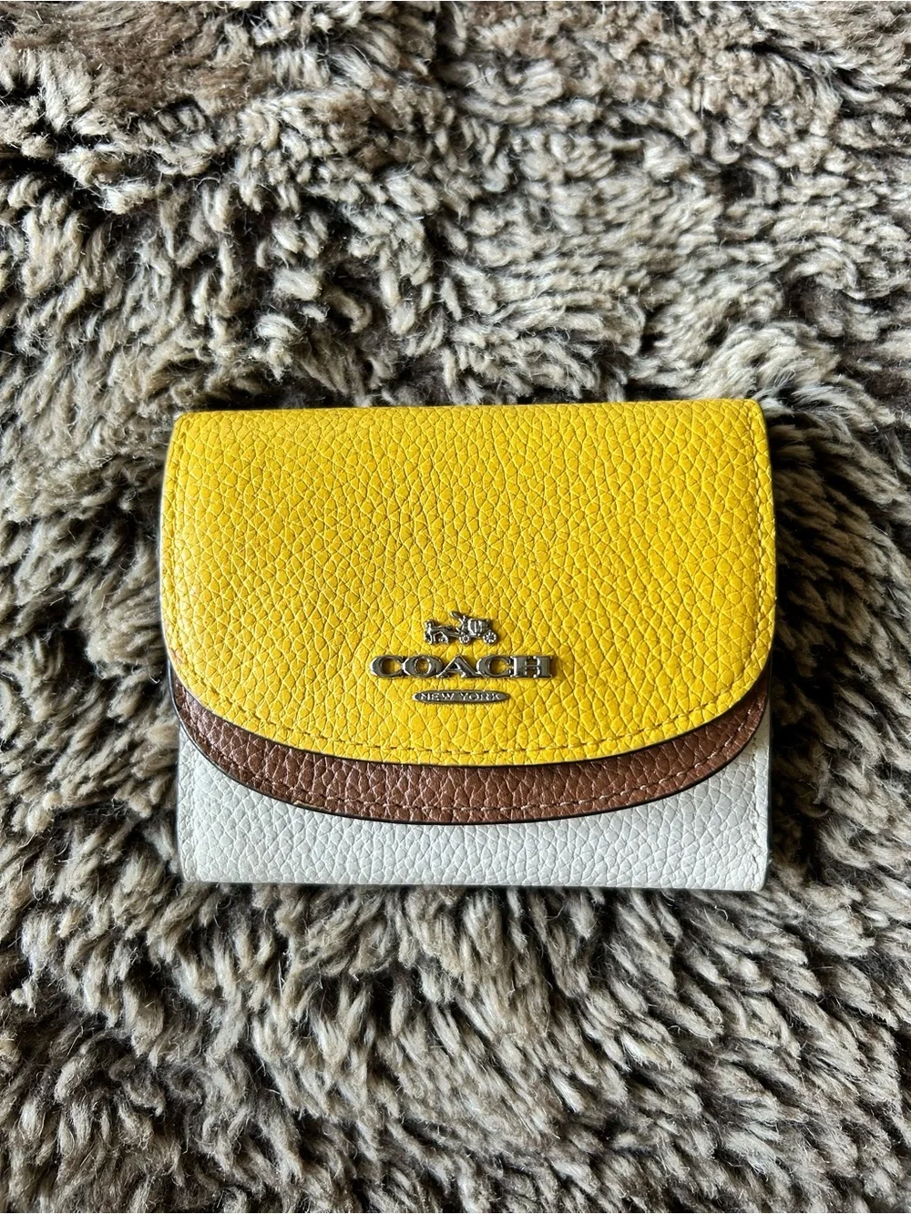 Coach Pebbled Trifold Wallet in Yellow, Brown & White